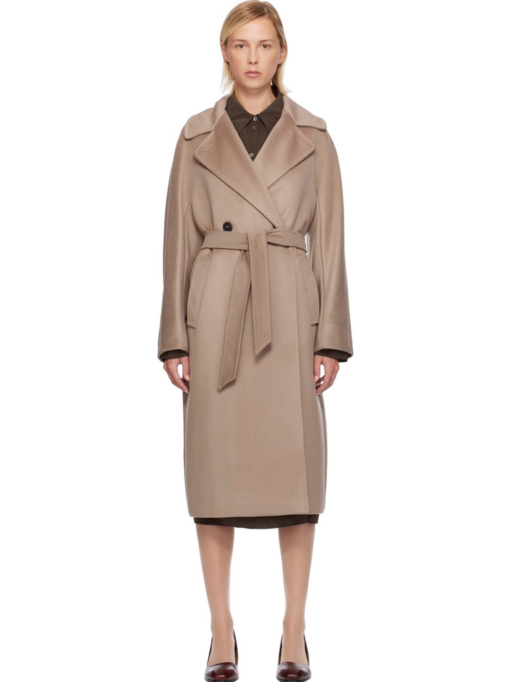 NWT Weekend Max Mara Resina 100% Virgin Wool Belted Coat IT 40 Sand